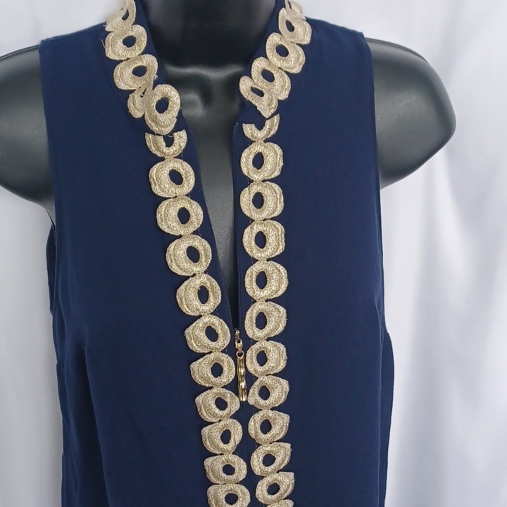 Lily Pulitzer Navy Mini Dress, Gold Trim, Sz 2, 18" PTP, 32" Long, Front Zip - Picture 3 of 7